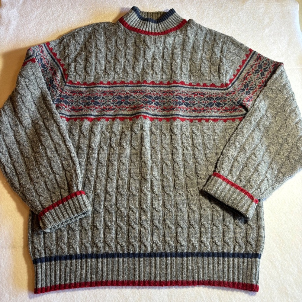Vintage‎ Toggery Shop Men's Cable Knit Sweater Gray Red Blue Fair Isle Pullover